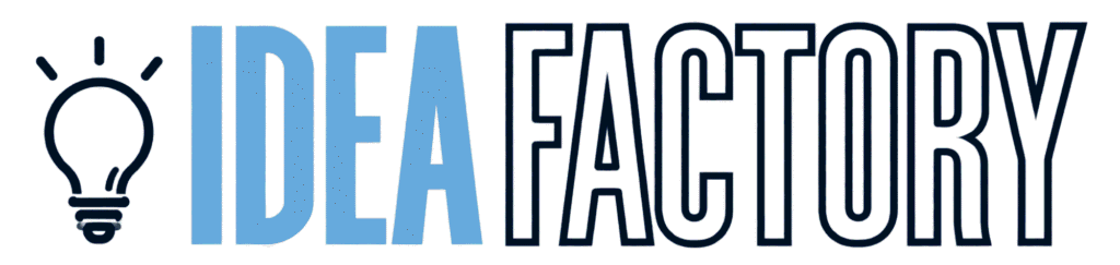 The image shows the words IDEA FACTORY with IDEA in large blue letters and FACTORY in outline text. A lightbulb icon appears to the left of IDEA..
