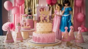 A pink and gold birthday party setup featuring a two-tier cake with a crown and “13” topper, tween girl birthday party decorations, balloons, confetti, and two girls in fancy dresses—perfect for celebrating with fun birthday party games for 13 year olds.