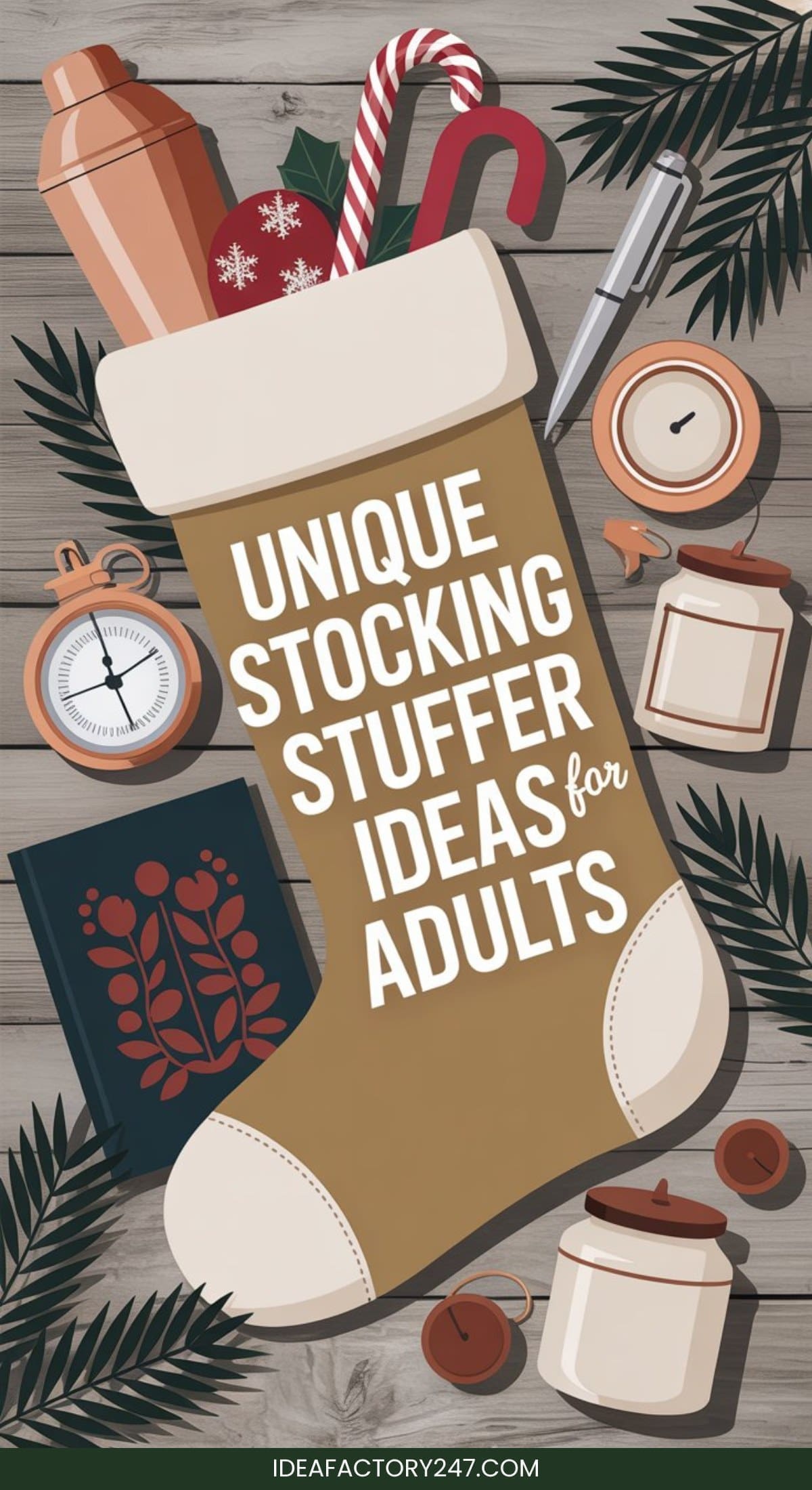 A holiday stocking filled with gifts like a thermos, candy cane, ornament, compass, candles, and notebook rests among pine leaves. Text reads: “Unique Stocking Stuffers for Adults.” Perfect inspiration for creative stocking stuffers for adults.