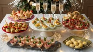 A festive table set with assorted bite-sized appetizers you can make ahead of time, savory snacks, and deviled eggs, surrounded by sparkling string lights and flutes of champagne, creating an elegant party atmosphere.