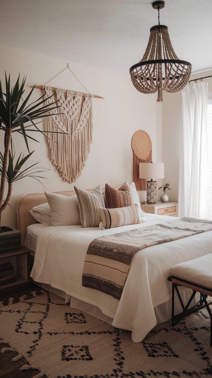 Boho bedroom with neutral decor and textures