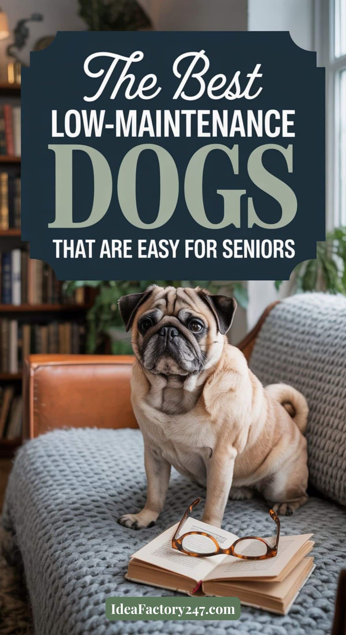 A pug sits on a couch beside an open book and a pair of glasses, with text above reading The Best Dog Breeds That Are Best for Seniors. Bookshelves are visible in the background.