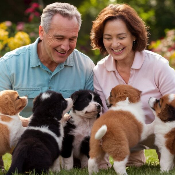 Senior couple playing with puppies and laughing.