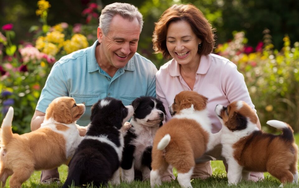 Senior couple playing with puppies and laughing.