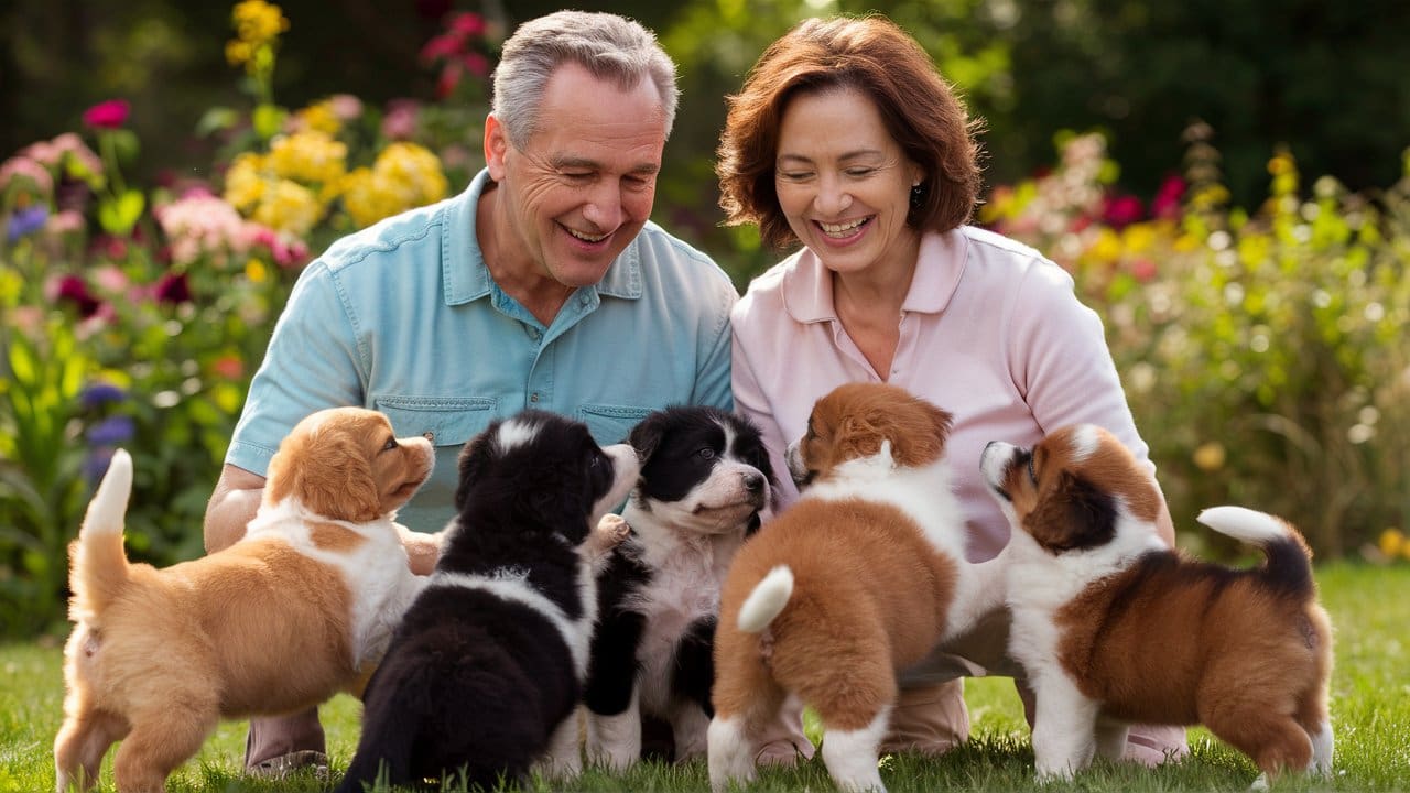 Senior couple playing with puppies and laughing.