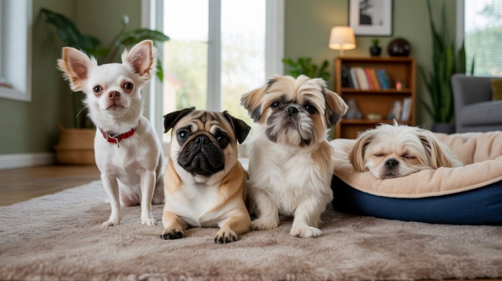 Four small dogs, among the dog breeds that are best for seniors, sit on a rug in a cozy living room; three are alert and facing the camera, while one sleeps in a pet bed. Shelves, plants, and a lamp fill the background.