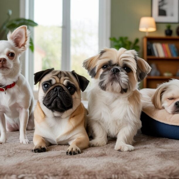 Four small dogs, among the dog breeds that are best for seniors, sit on a rug in a cozy living room; three are alert and facing the camera, while one sleeps in a pet bed. Shelves, plants, and a lamp fill the background.