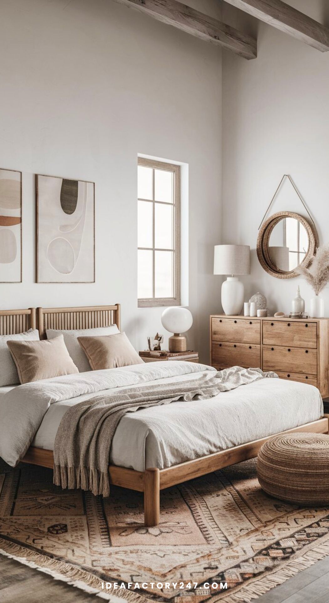 This modern boho bedroom is cozy and laid-back, thanks to a few key elements. Patterns and textures add depth and interest. 