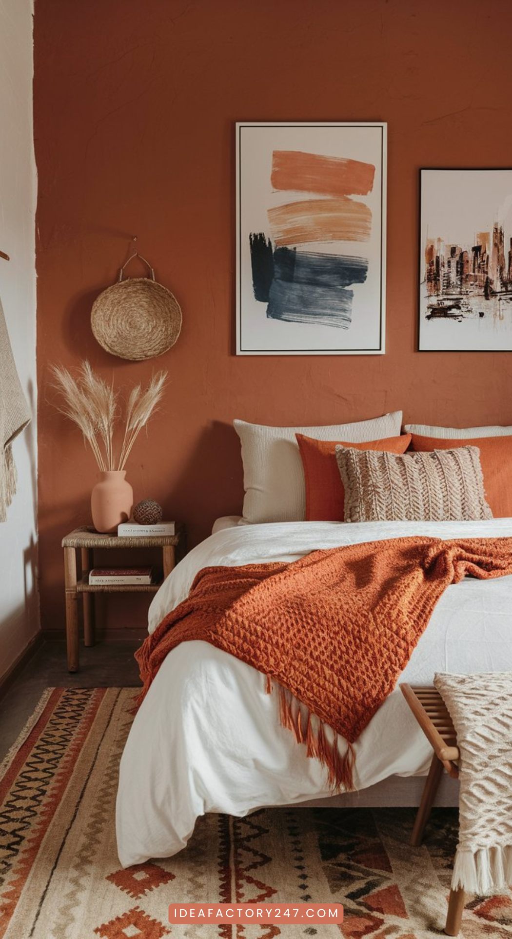 A few rattan baskets on the wall, pampas grass in a vase and some minimal abstract artwork really makes this boho bedroom pop.