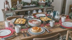 A rustic wooden table set for breakfast with pancakes, baked dishes, a bowl of fruit, white mugs, plates, pinecones, and festive decor—including greenery and a red plaid runner—showcases easy Christmas breakfast ideas and holiday casseroles.