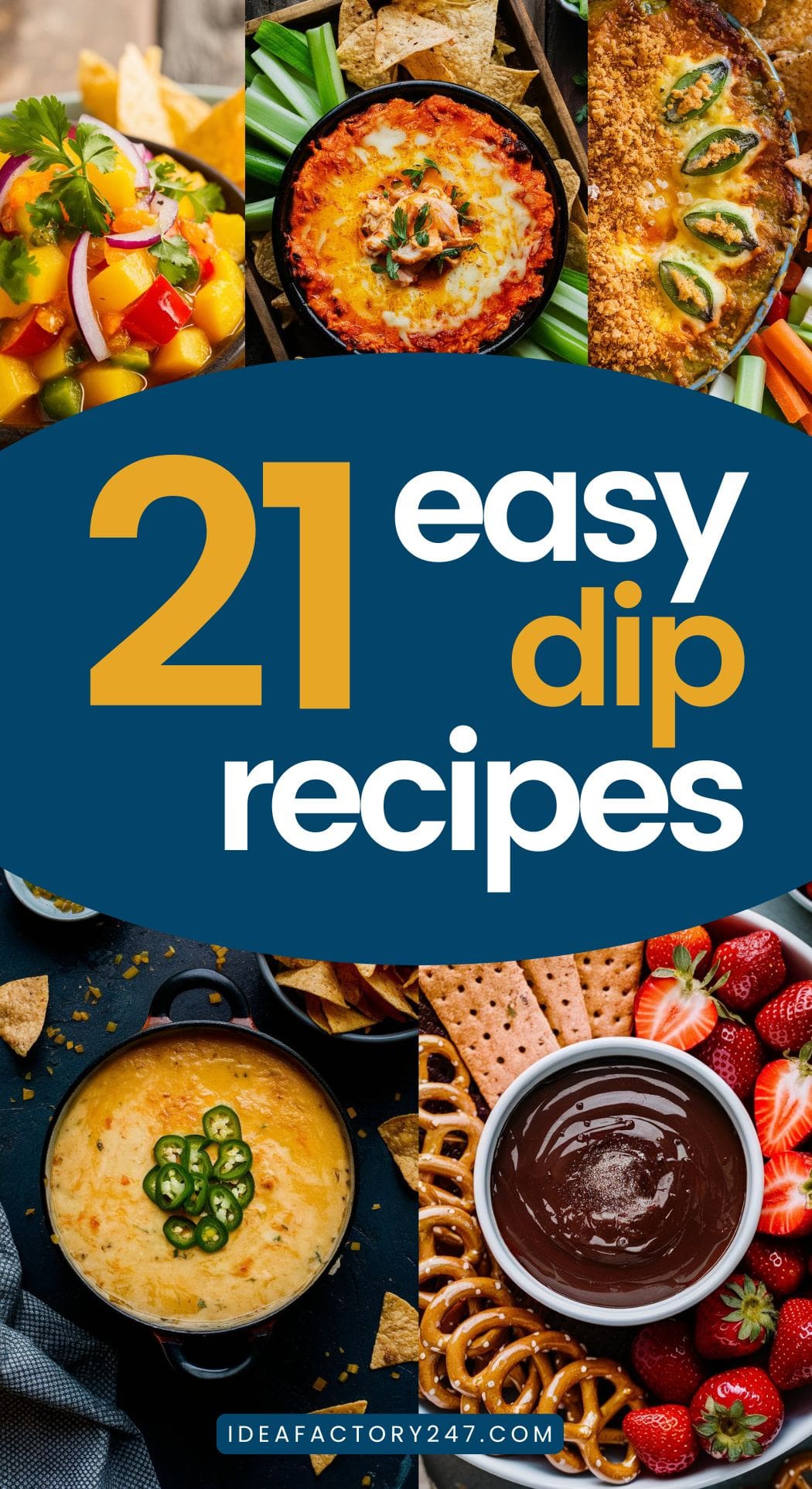 Collection of different appetizers and easy to make dips for a holiday party or football game.