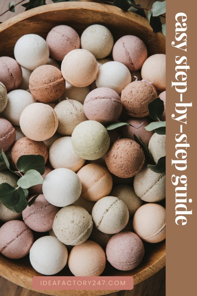 A large wooden bowl filled with natural homemade bath bombs. 