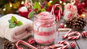 A glass jar filled with layered pink and white peppermint bath salts is decorated with a sprig of holly and a candy cane. Surrounding the jar are more candy canes, peppermint candies, pinecones, a rolled towel, and festive holiday lights.