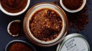 Jar of homemade coffee body scrub.