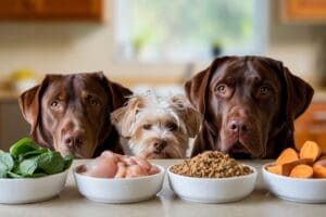 Three dogs drooling over the homemade DIY dog food recipe ingredients.