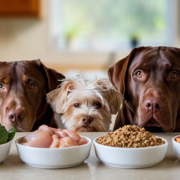 Three dogs drooling over the homemade DIY dog food recipe ingredients.