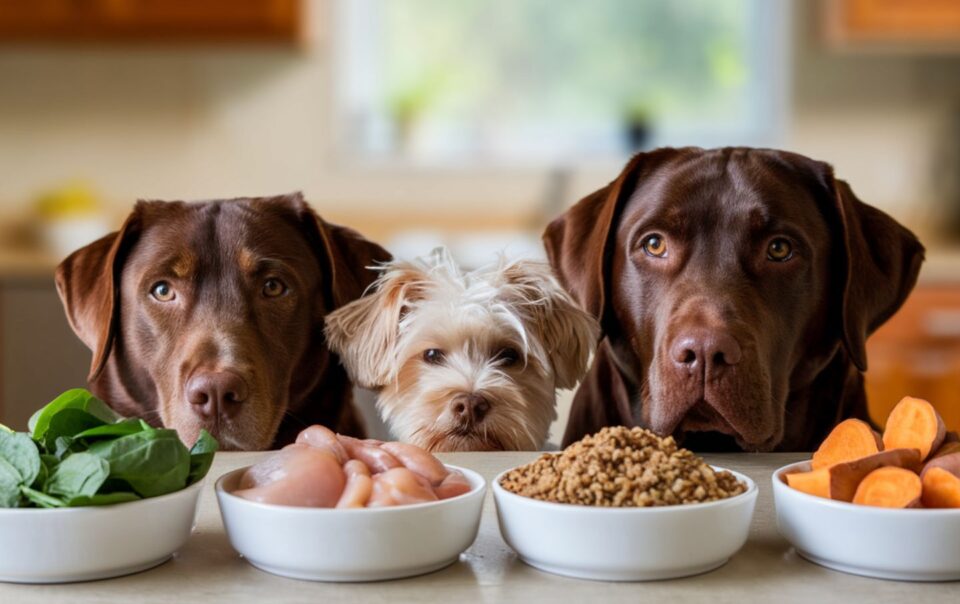 Three dogs drooling over the homemade DIY dog food recipe ingredients.