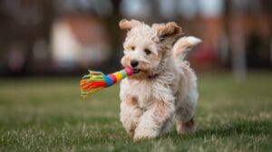A fluffy light brown puppy runs on grass with a colorful, tasseled toy in its mouth—one of many fun homemade dog toys—ears flopping and tail up, with a blurred background of trees and houses.
