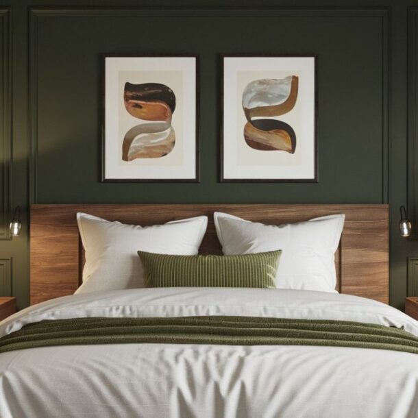 Modern minimal bedroom with dark green walls, retro headboard and abstract art