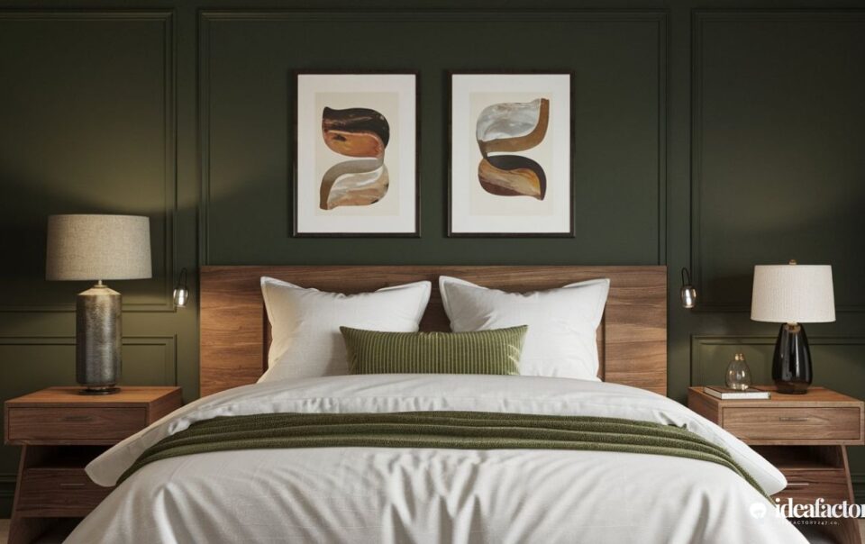 Modern minimal bedroom with dark green walls, retro headboard and abstract art