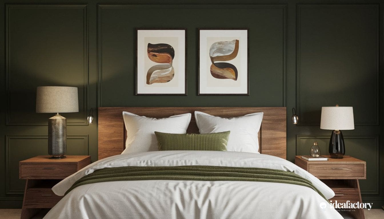 Modern minimal bedroom with dark green walls, retro headboard and abstract art