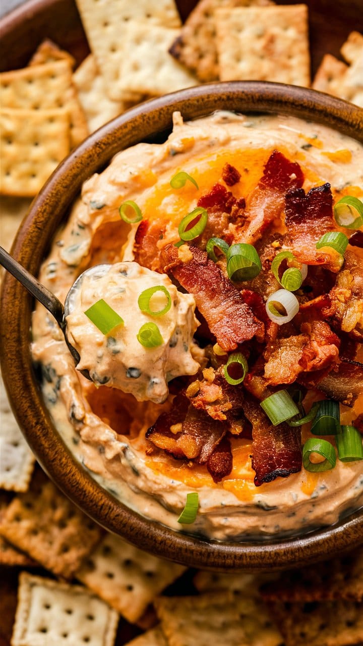 A creamy bacon and cheddar dip in a rustic bowl, topped with extra crumbled bacon and chopped green onion for garnish.  So easy to make!