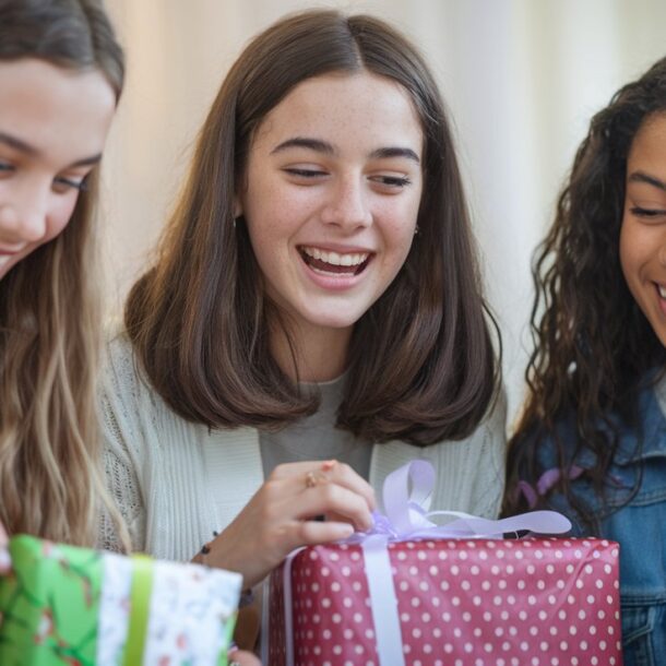 Group of teenage girls opening gifts