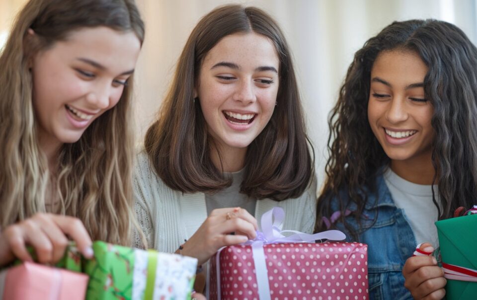 Group of teenage girls opening gifts