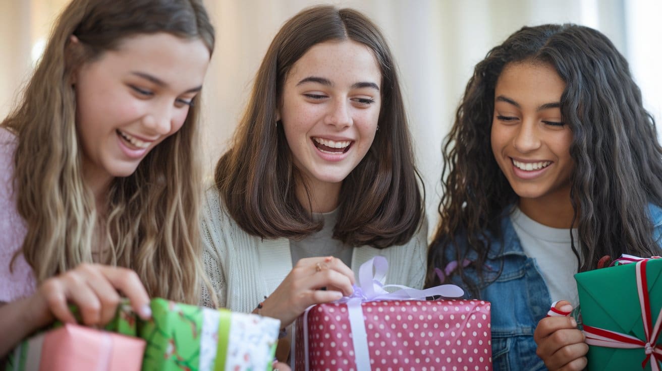 Group of teenage girls opening gifts