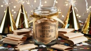 A fortunes jar labeled Good Fortunes for the New Year with a gold ribbon sits on a table surrounded by folded notes, confetti, gold party hats, and sparkling decorations in the background.