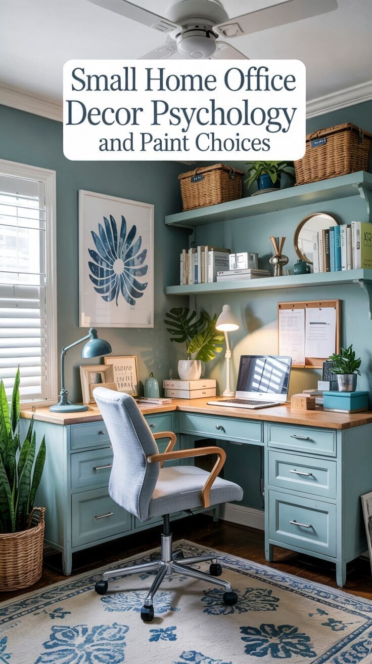 A cozy home office with teal walls features a wooden desk adorned with stylish office accessories, a laptop, books, plants, and decorative items. A cushioned chair invites comfort in front of the desk. Shelves hold woven baskets, while sunlight warms the space through window blinds. A rug complements the decor beautifully.