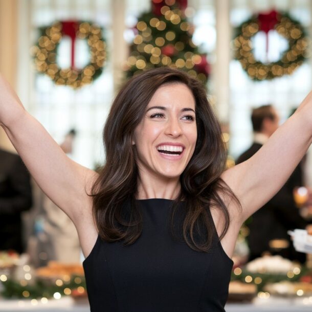 Woman celebrating that she was a good hostess at her holiday party