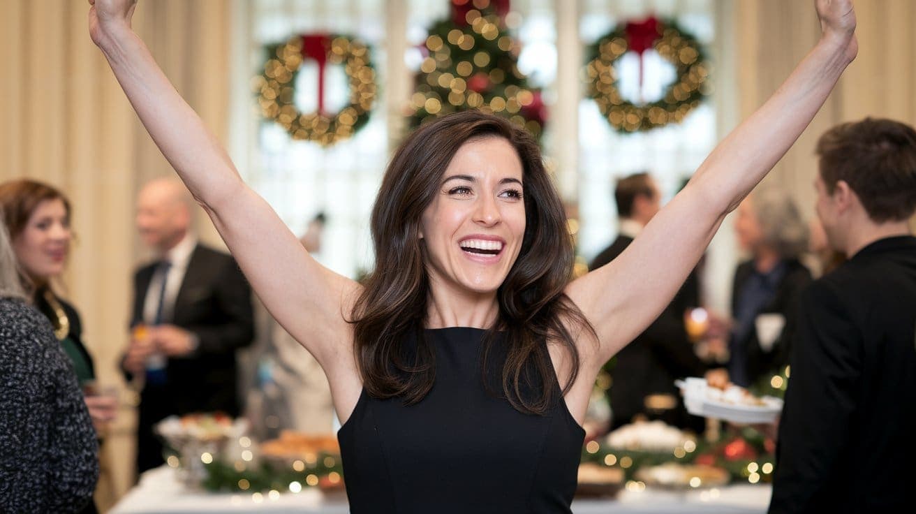 Woman celebrating that she was a good hostess at her holiday party