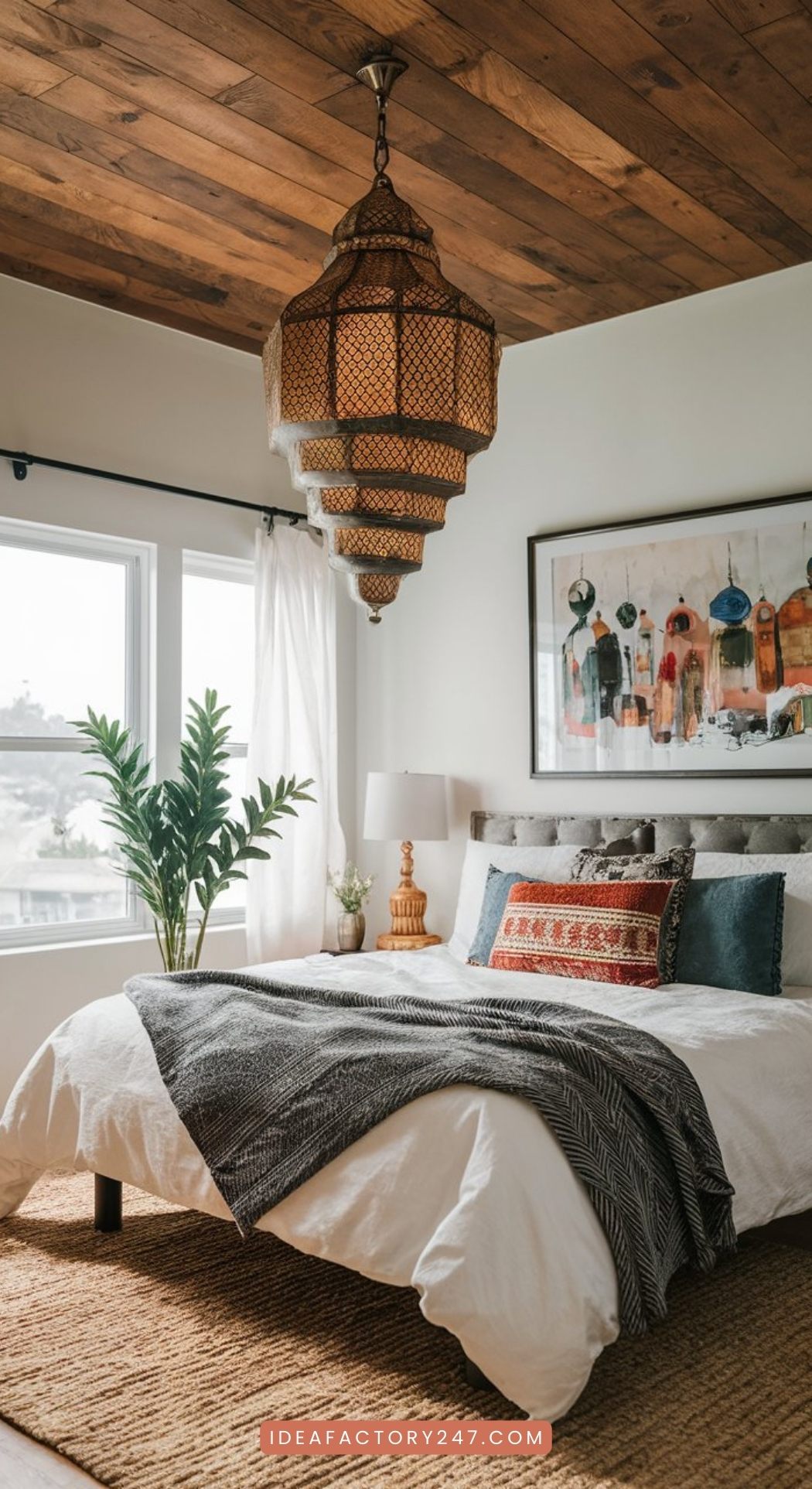 Moroccan pendant light in this cozy boho bedroom