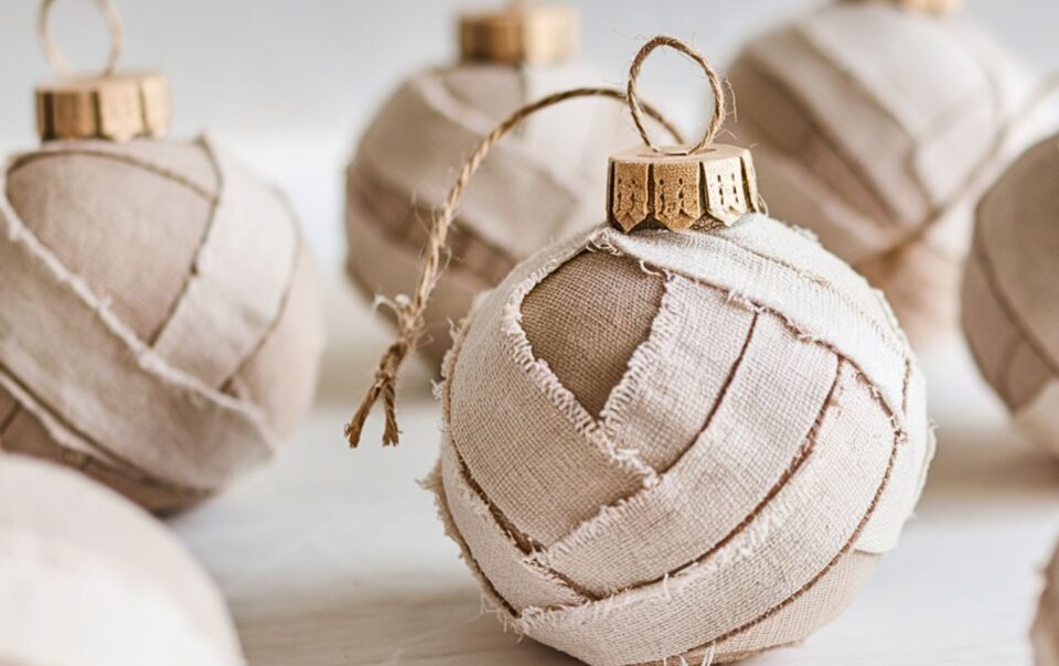 A collection of homemade Christmas ornaments using torn rags creating a hippie boho neutral decor.