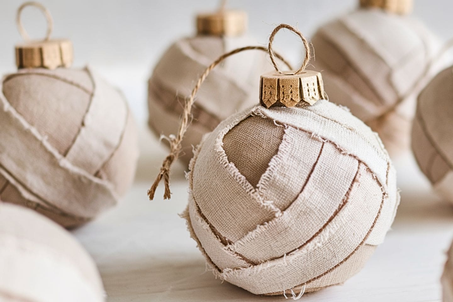 A collection of homemade Christmas ornaments using torn rags creating a hippie boho neutral decor.