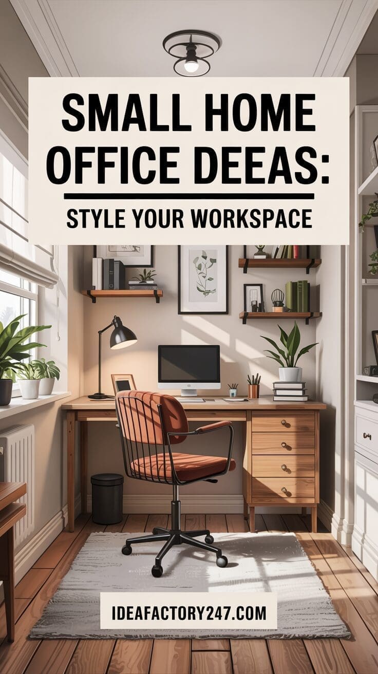 Stylish home office featuring space-saving furniture like a wooden desk and red-brown leather chair. Wall shelves hold plants and books. A black lamp adorns the desk, with light streaming through the window. Text overlay: Small Home Office Ideas: Style Your Workspace at ideafactory247.com.