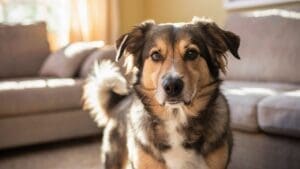 A brown, black, and white dog with upright ears stands indoors, looking directly at the camera—one of those moments that makes you wonder about the signs your dog is trying to tell you something. Sunlight streams through a window onto a beige couch behind him.