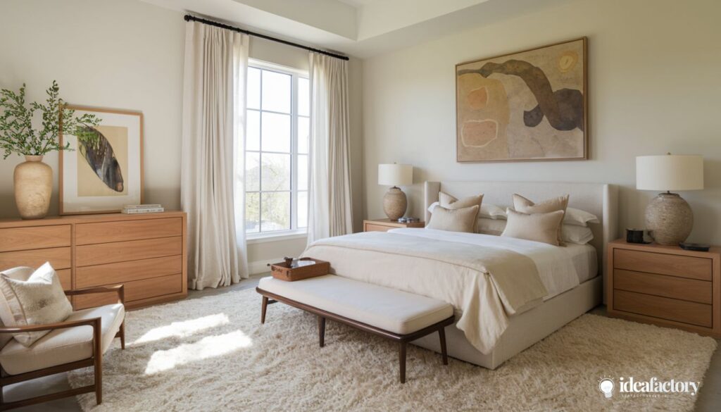 Restoration style bedroom decor with neutral modern aesthetic