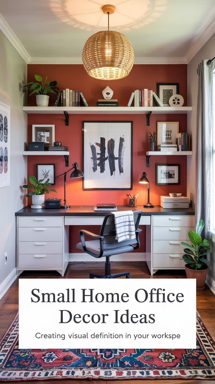 A stylish home office featuring a dark desk, ergonomic chair, and floating shelves. The red wall boasts minimalist artwork, complementing the woven pendant light overhead. Explore these minimalist office design tips for small home office decor ideas.
