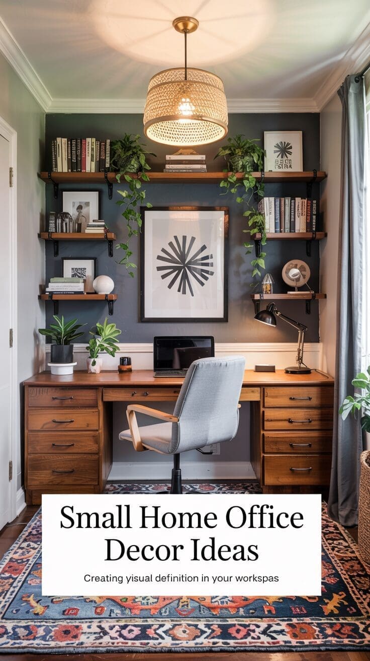A minimalist small home office features a wooden desk, chair, and space-saving shelves. Plants and books add charm, while geometric wall art enhances the aesthetic. A woven pendant light and patterned rug complete the look. Text overlay: Small Home Office Decor Ideas.