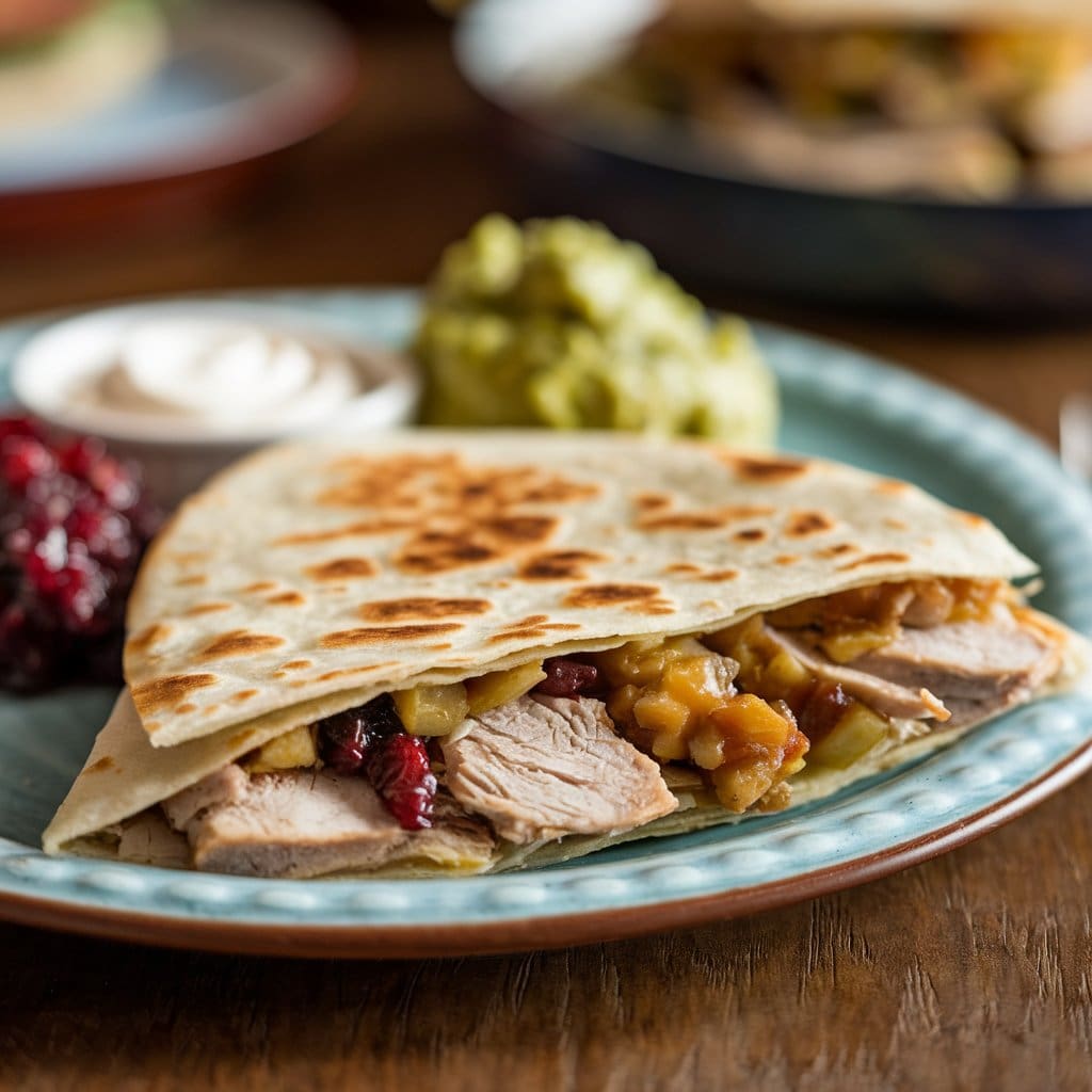 Plate with quesadillas made with Thanksgiving leftovers - you need to try this recipe!