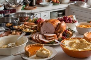 Kitchen filled with leftovers from Thanksgiving.