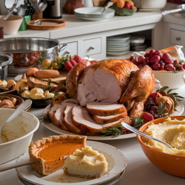 Kitchen filled with leftovers from Thanksgiving.