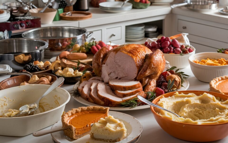 Kitchen filled with leftovers from Thanksgiving.