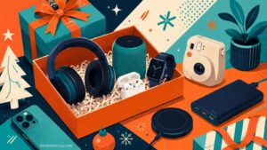 A gift box filled with tech gifts like headphones, a smartwatch, wireless earbuds, and a smart speaker, surrounded by a camera, wireless charger, phone, power bank, and festive holiday decorations.