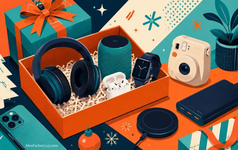 A gift box filled with tech gifts like headphones, a smartwatch, wireless earbuds, and a smart speaker, surrounded by a camera, wireless charger, phone, power bank, and festive holiday decorations.