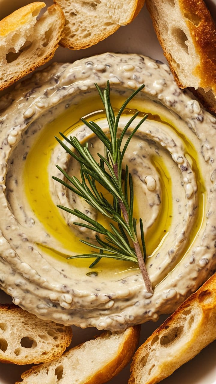 A smooth, creamy white bean dip garnished with a drizzle of olive oil and fresh rosemary sprigs, surrounded by toasted baguette slices.