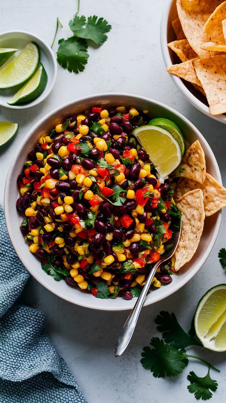 A vibrant bowl of black bean and corn salsa, with flecks of red bell pepper and cilantro, served with lime wedges and tortilla chips.