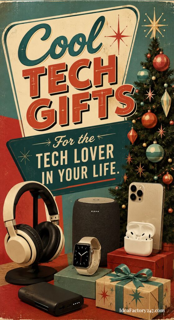 Retro-style poster with Cool Tech Gifts for the Tech Lover in Your Life text, featuring top tech gifts like headphones, a smartwatch, smart speaker, phone, wireless earbuds, power bank, wrapped gifts, and a decorated Christmas tree.